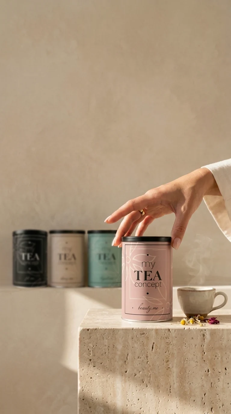 Una mano deja una lata de beauty.me sobre un bloque de travertino, junto a una taza humeante y otras tres latas de MyTeaConcept, con una pared clara de fondo