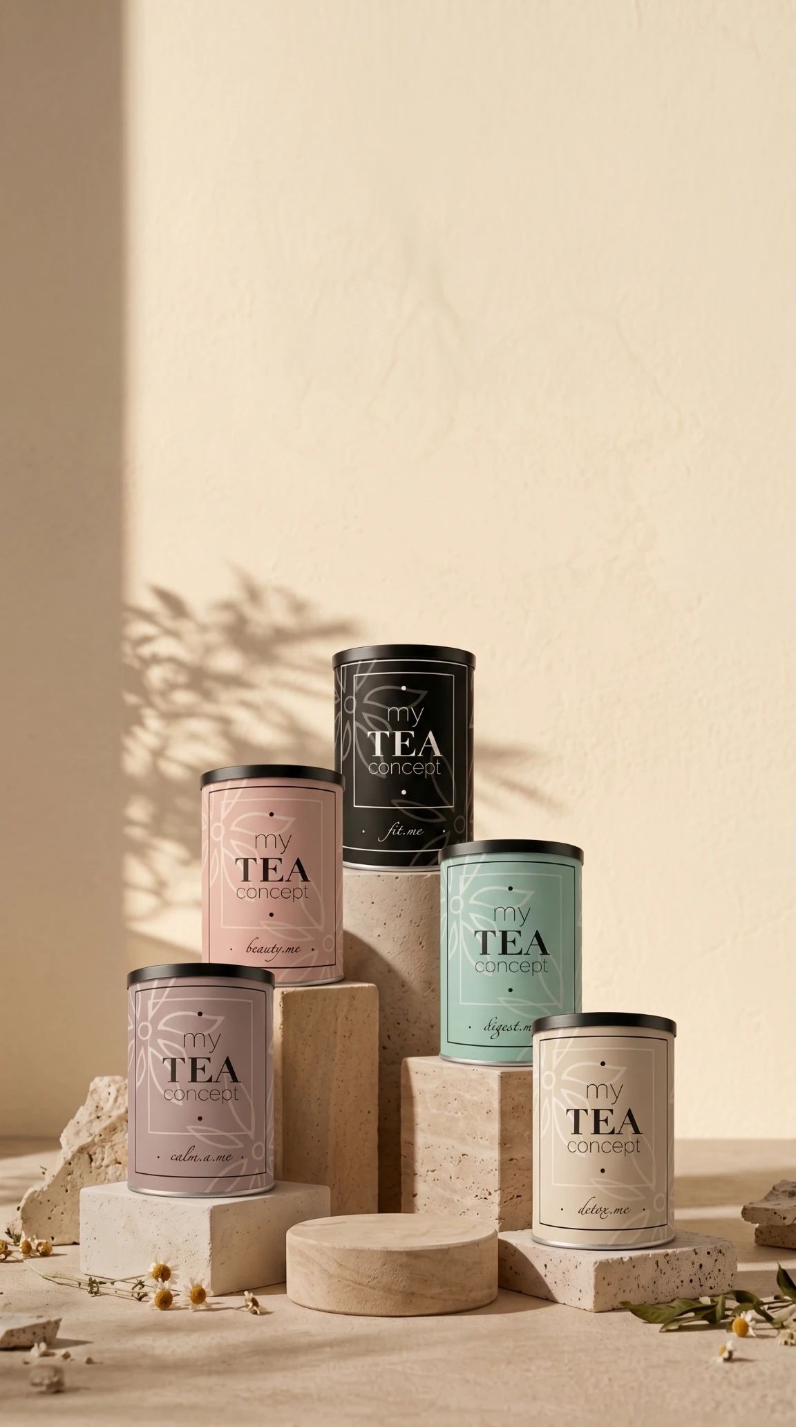 Las cinco latas de MyTeaConcept sobre pedestales de travertino