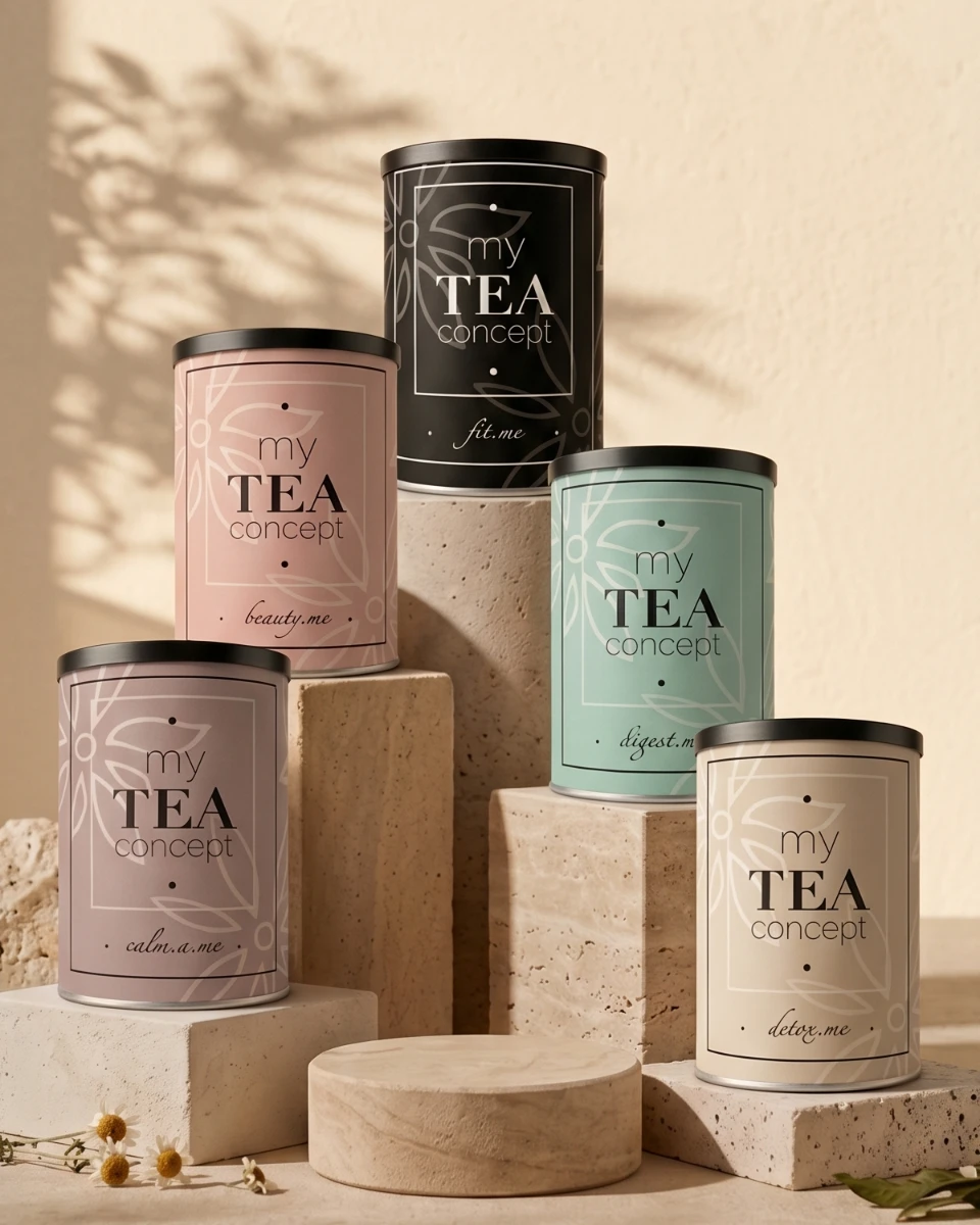 Las cinco latas de la colección sobre pedestales de travertino