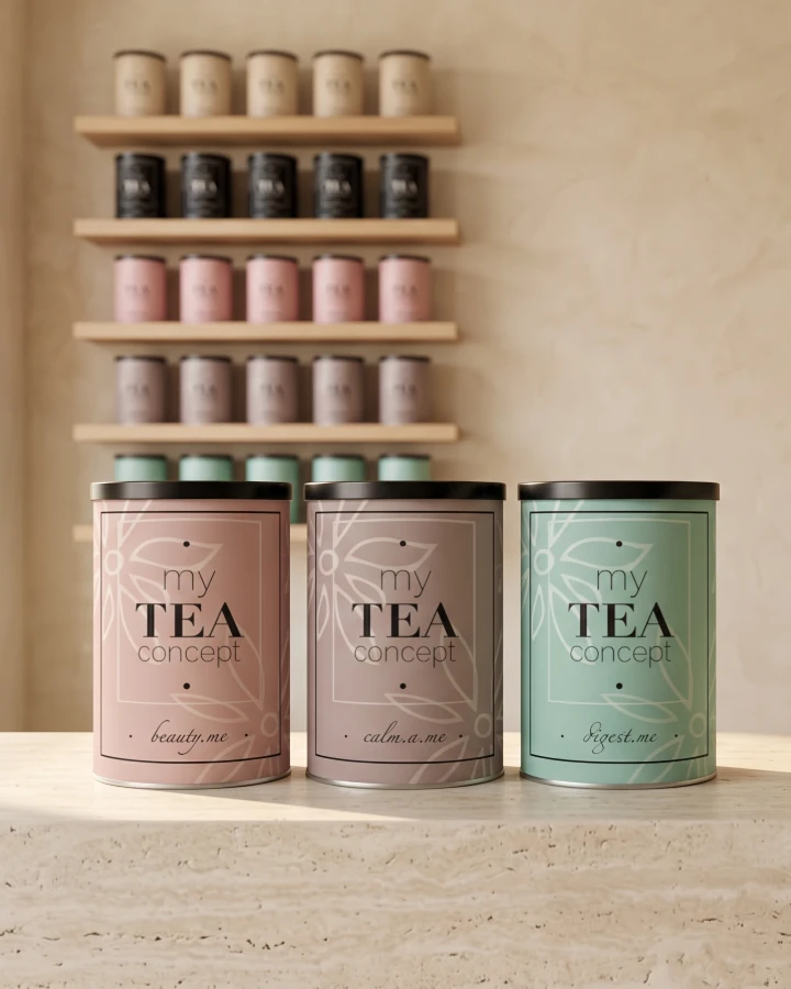 Latas de MyTeaConcept sobre el mostrador de travertino de un centro de estética