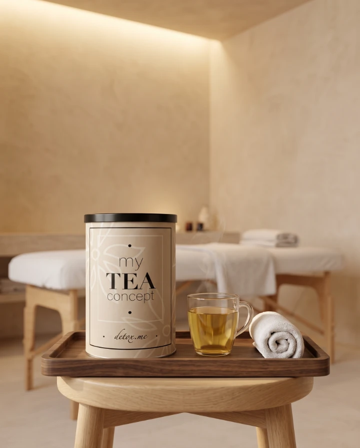 Cabina de masaje con una lata de detox.me